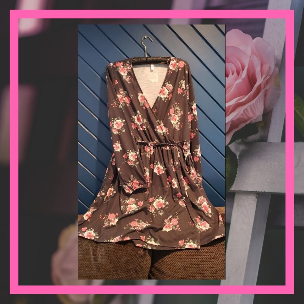 Xhiliration Floral Print Long Sleeve Wrap Dress